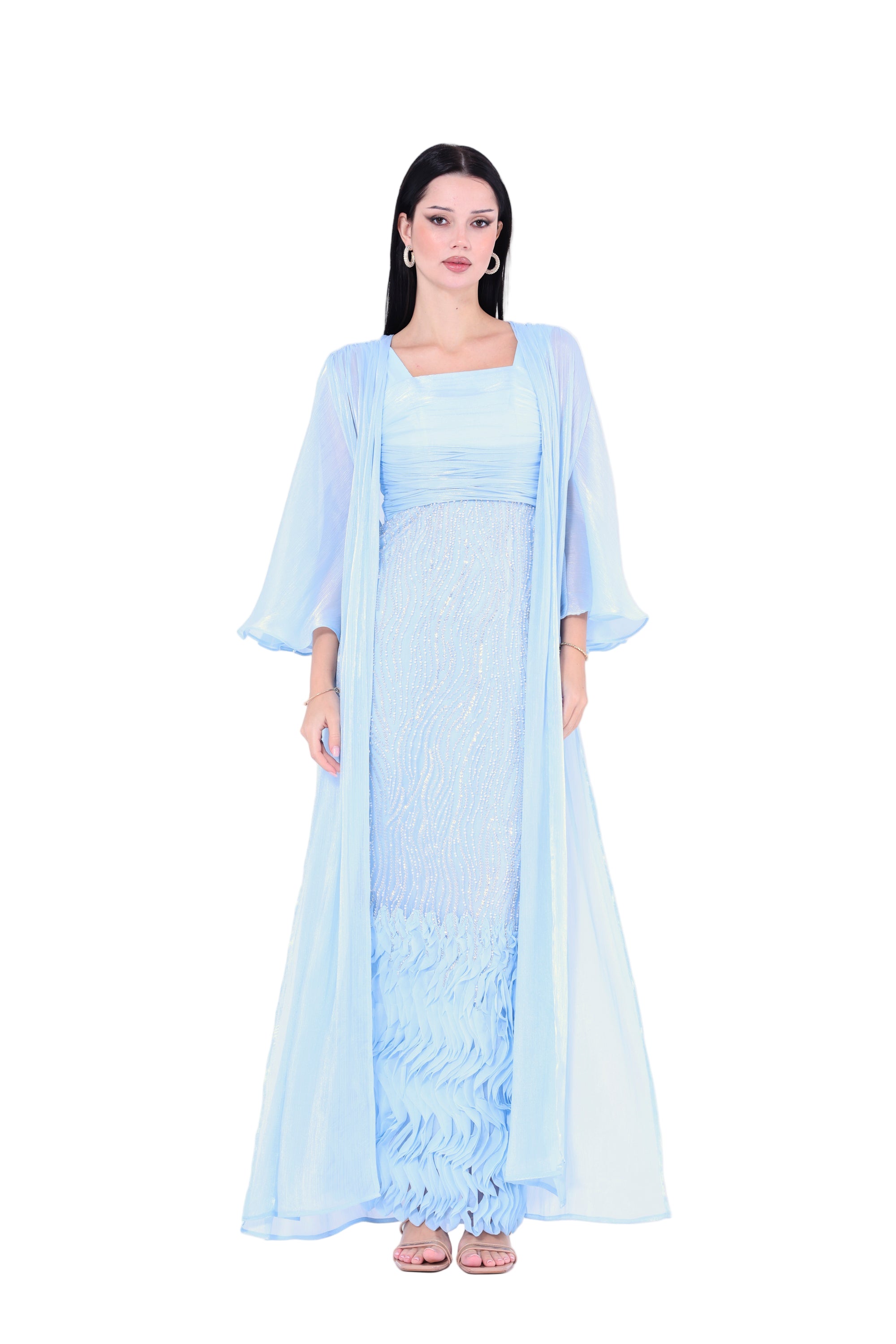 Ruffles Embellished Tulle Dress With Long Overlay Bisht