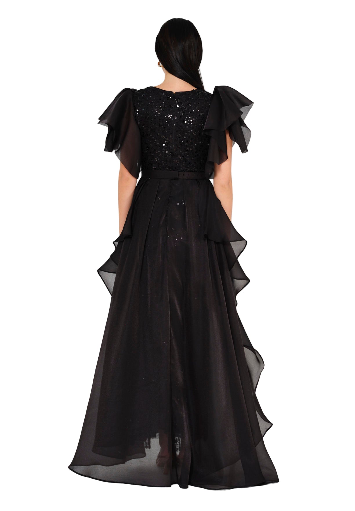 Flare Sleeve Draped Embellished A-Line Gown