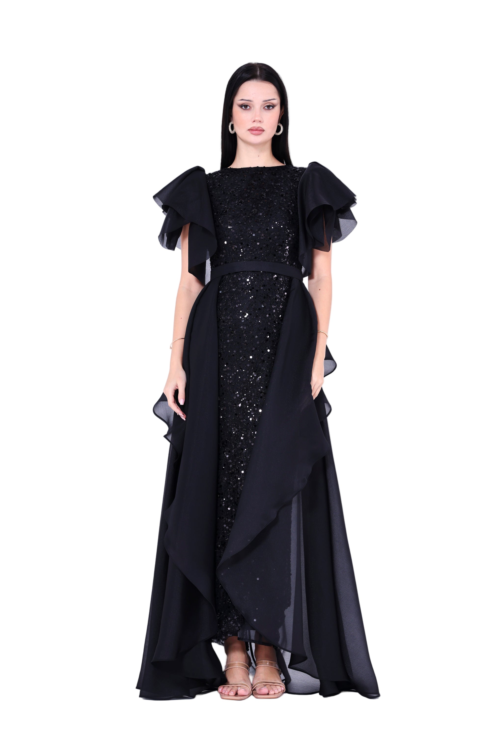 Flare Sleeve Draped Embellished A-Line Gown