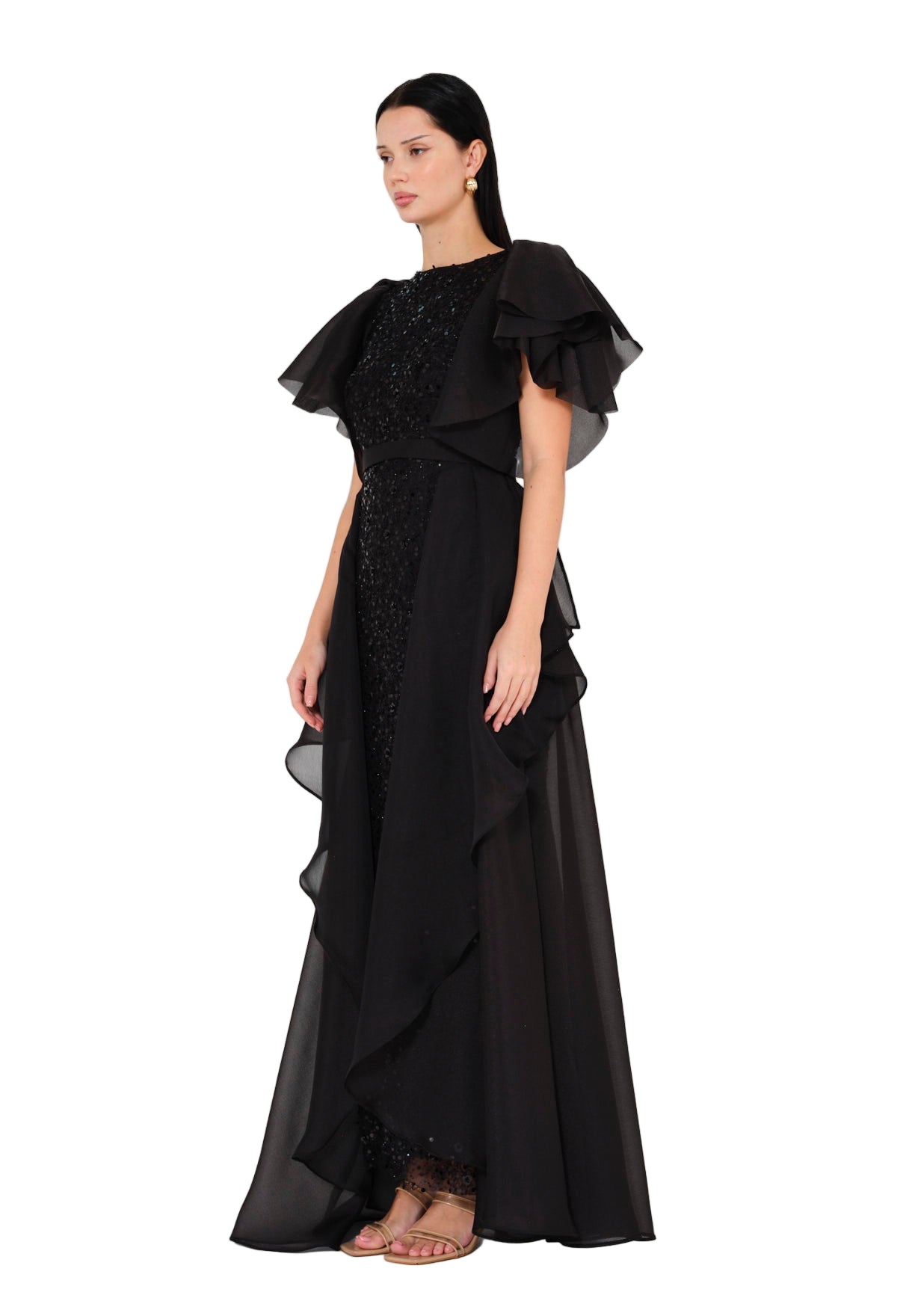 Flare Sleeve Draped Embellished A-Line Gown