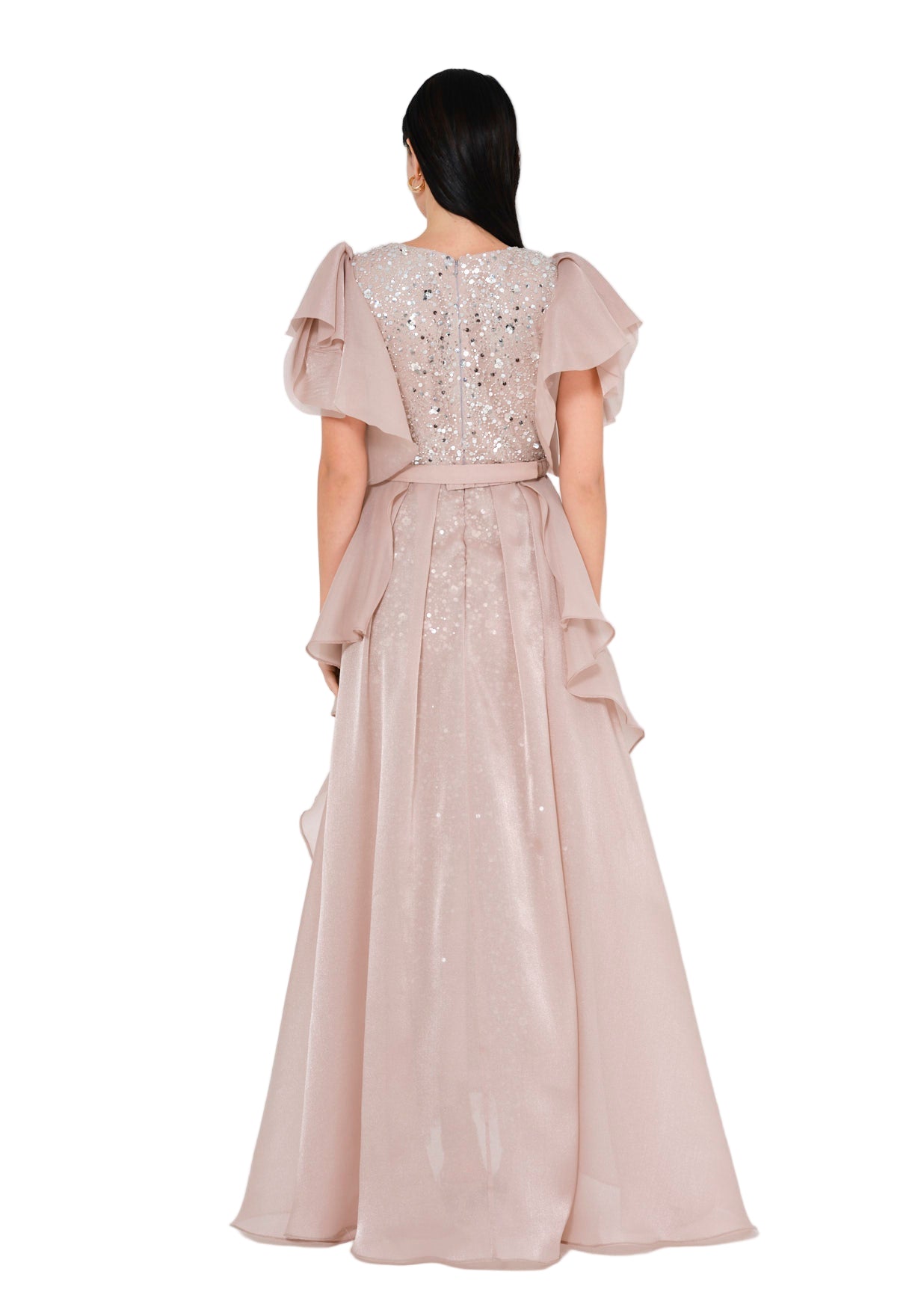 Flare Sleeve Draped Embellished A-Line Gown