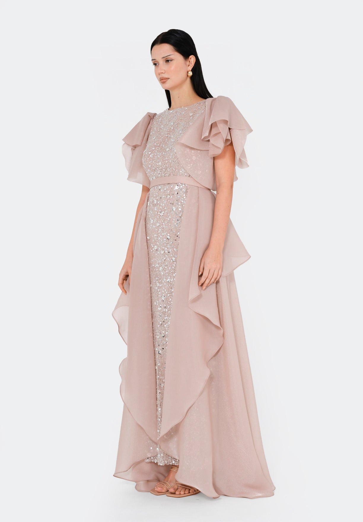 Flare Sleeve Draped Embellished A-Line Gown