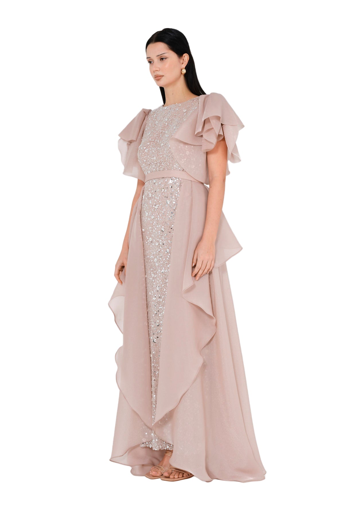 Flare Sleeve Draped Embellished A-Line Gown