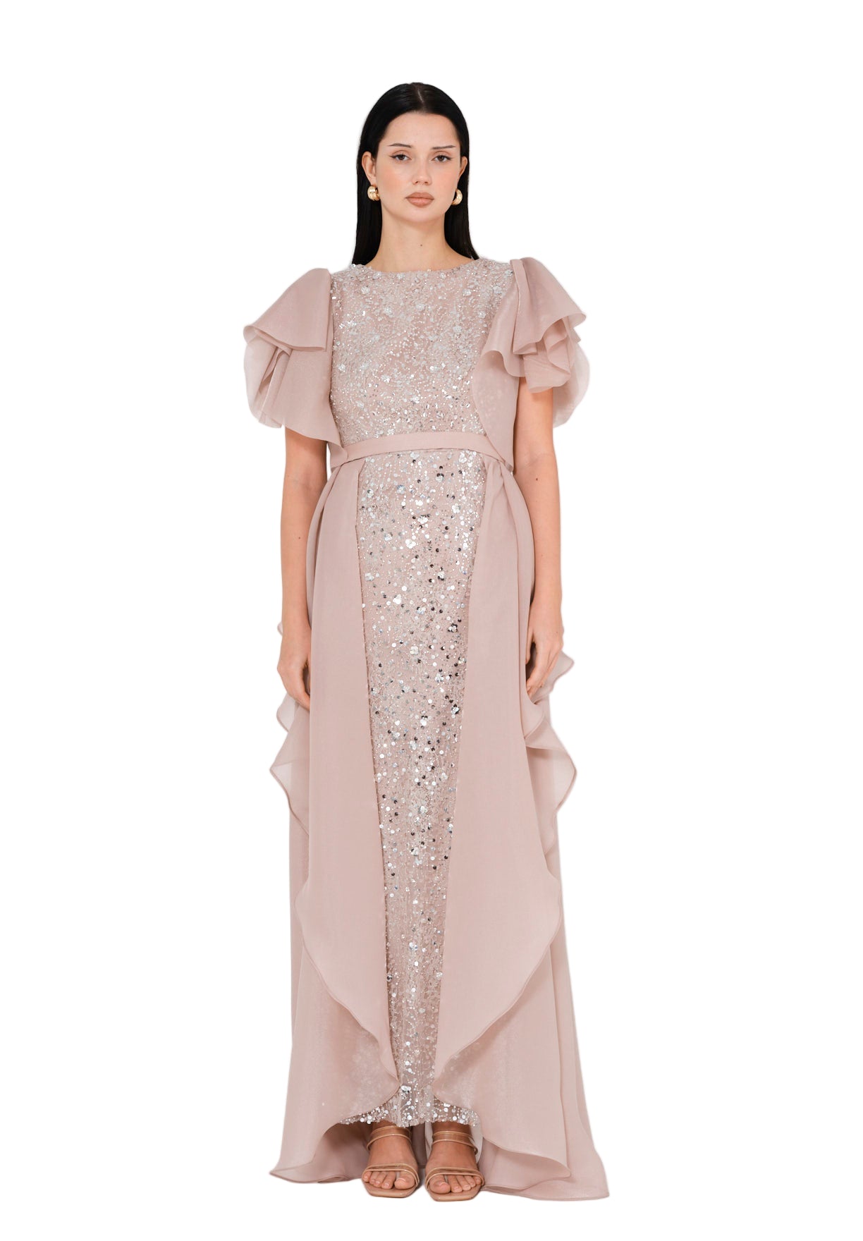 Flare Sleeve Draped Embellished A-Line Gown