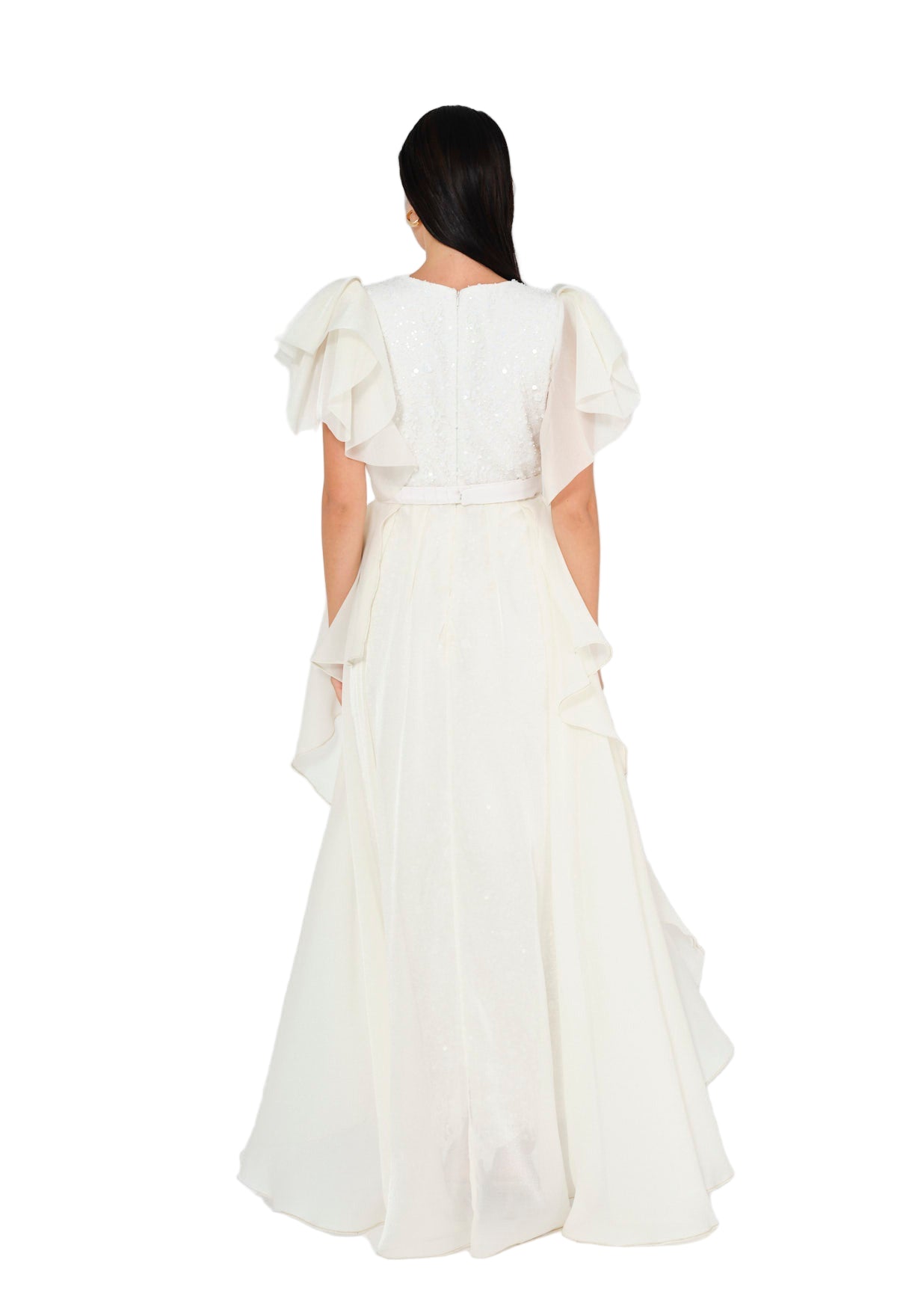 Flare Sleeve Draped Embellished A-Line Gown