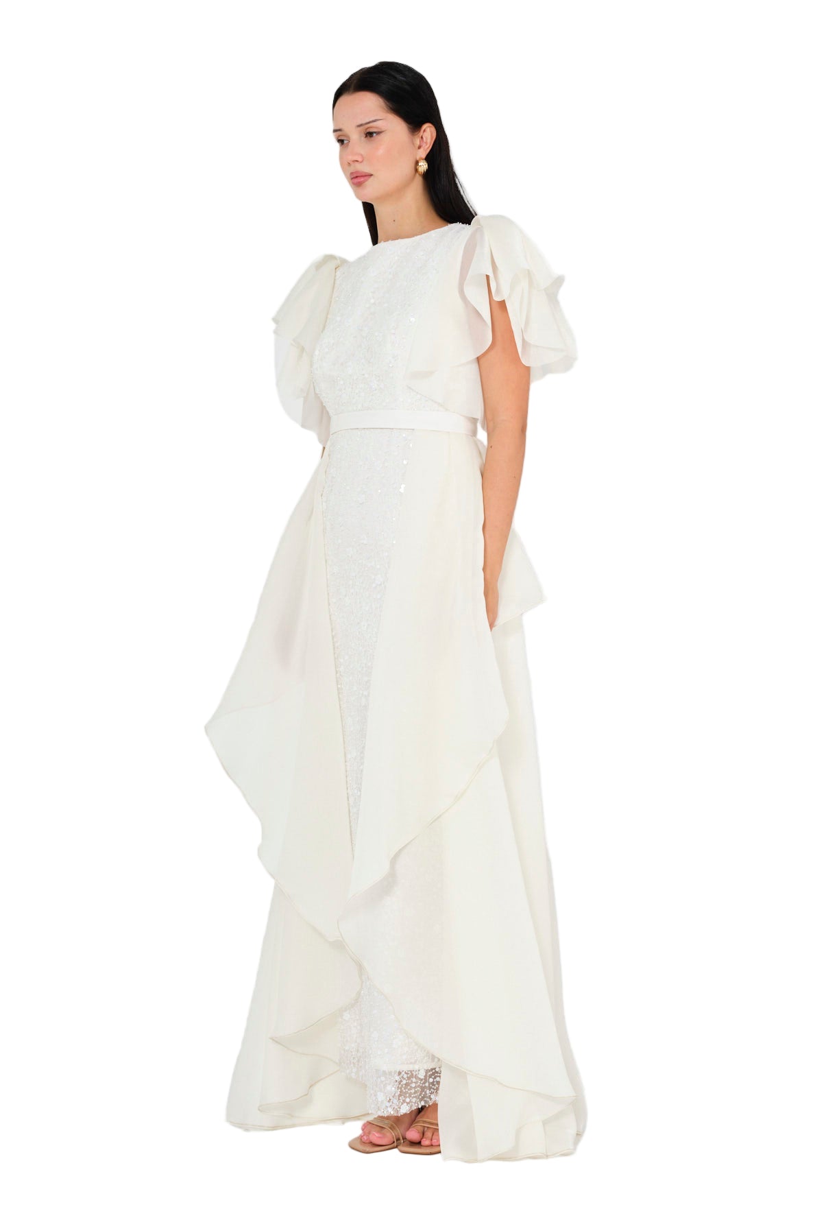 Flare Sleeve Draped Embellished A-Line Gown