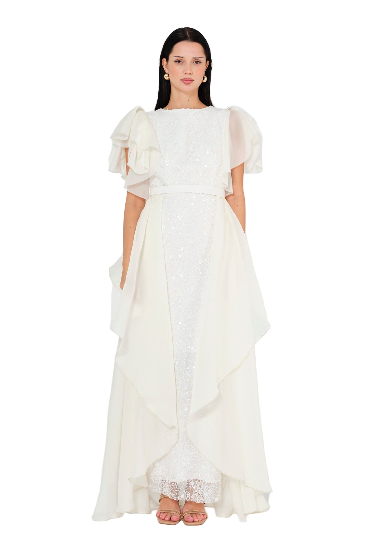 Flare Sleeve Draped Embellished A-Line Gown