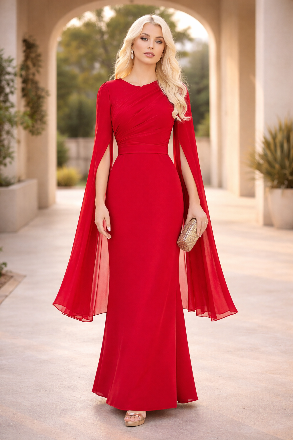 Soft Overlay Draped Cape Sleeves Gown