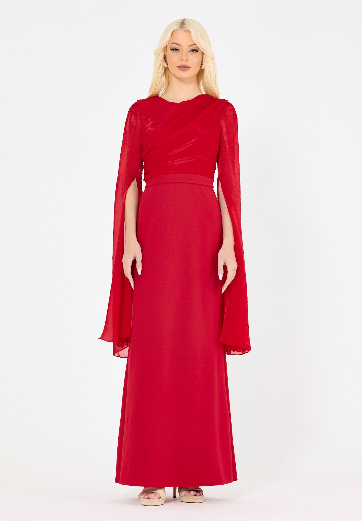 Soft Overlay Draped Cape Sleeves Gown