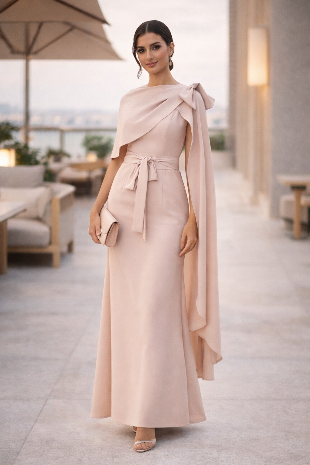 Sculpted Cape Overlay Evening Gown