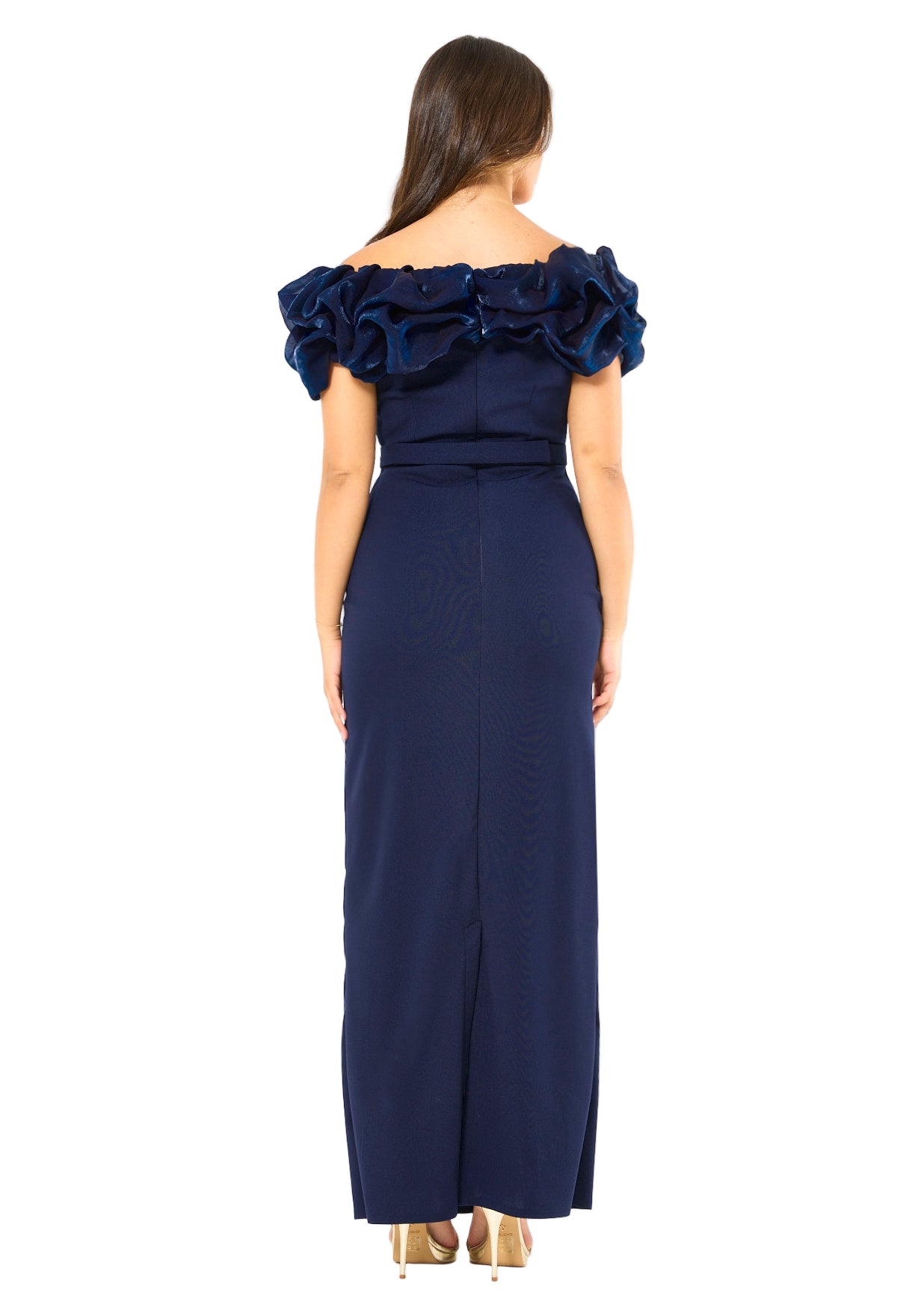 Ruffled Off-Shoulder Column Gown