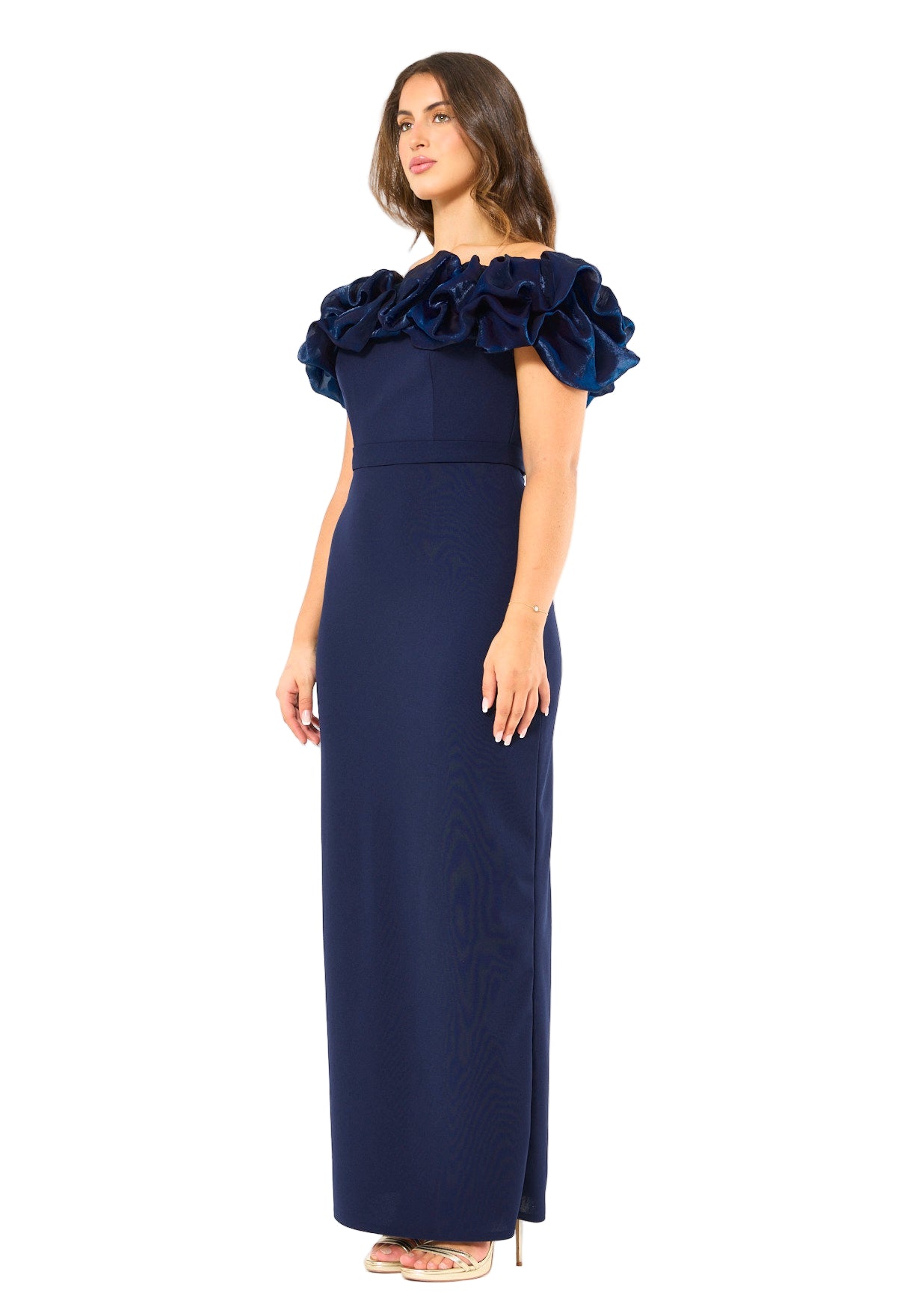 Ruffled Off-Shoulder Column Gown
