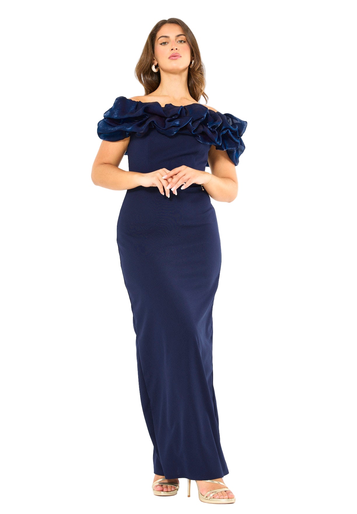 Ruffled Off-Shoulder Column Gown