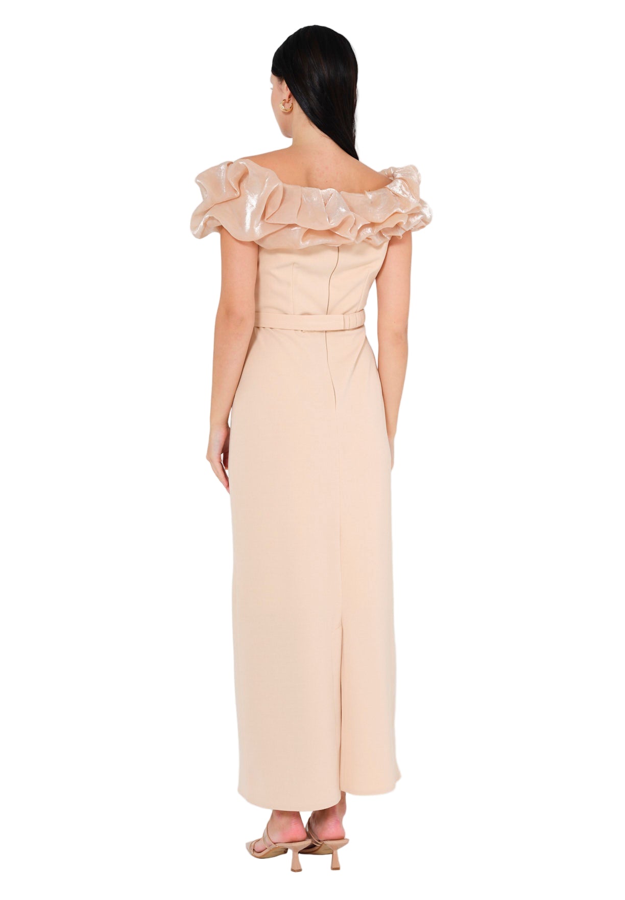 Ruffled Off-Shoulder Column Gown