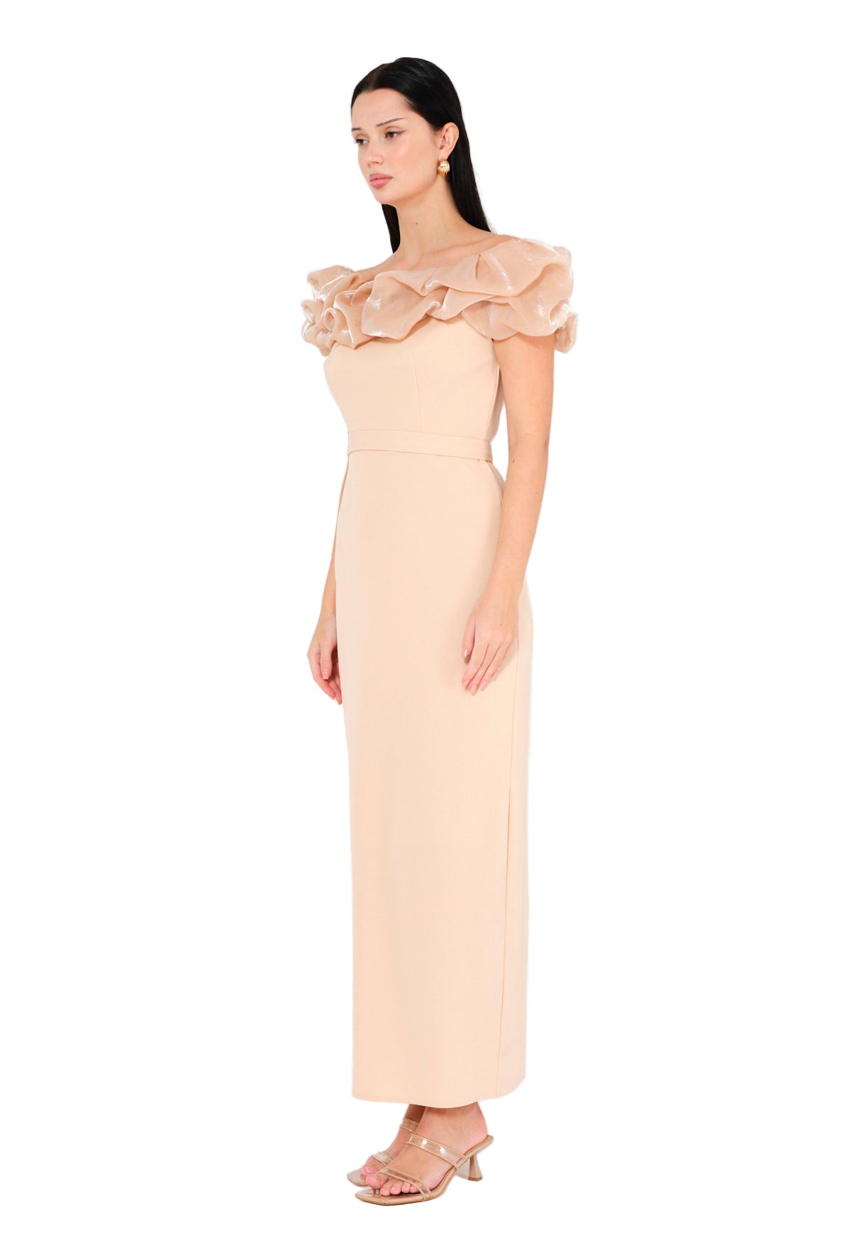 Ruffled Off-Shoulder Column Gown