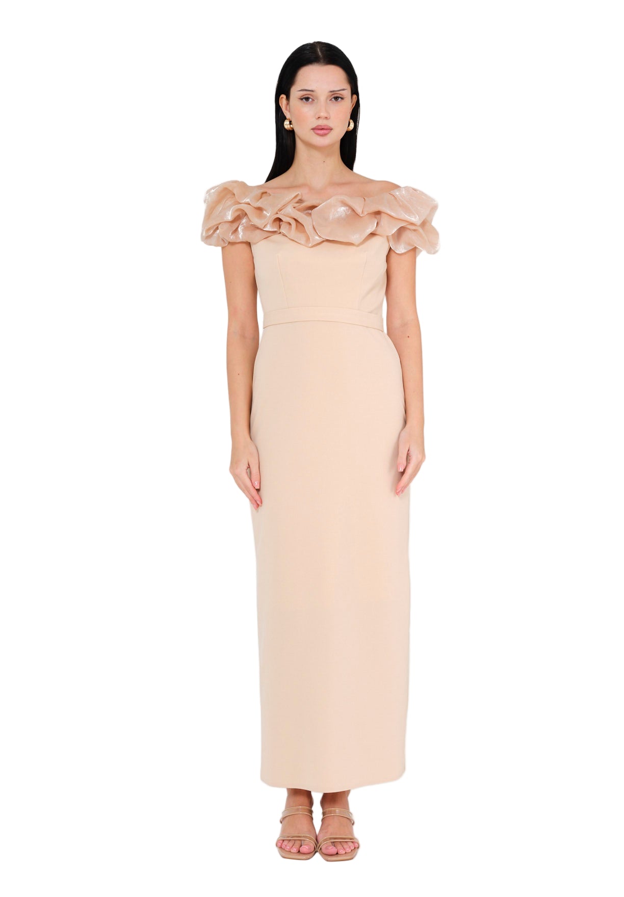 Ruffled Off-Shoulder Column Gown