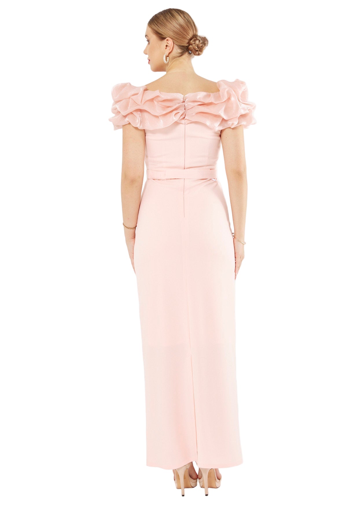 Ruffled Off-Shoulder Column Gown