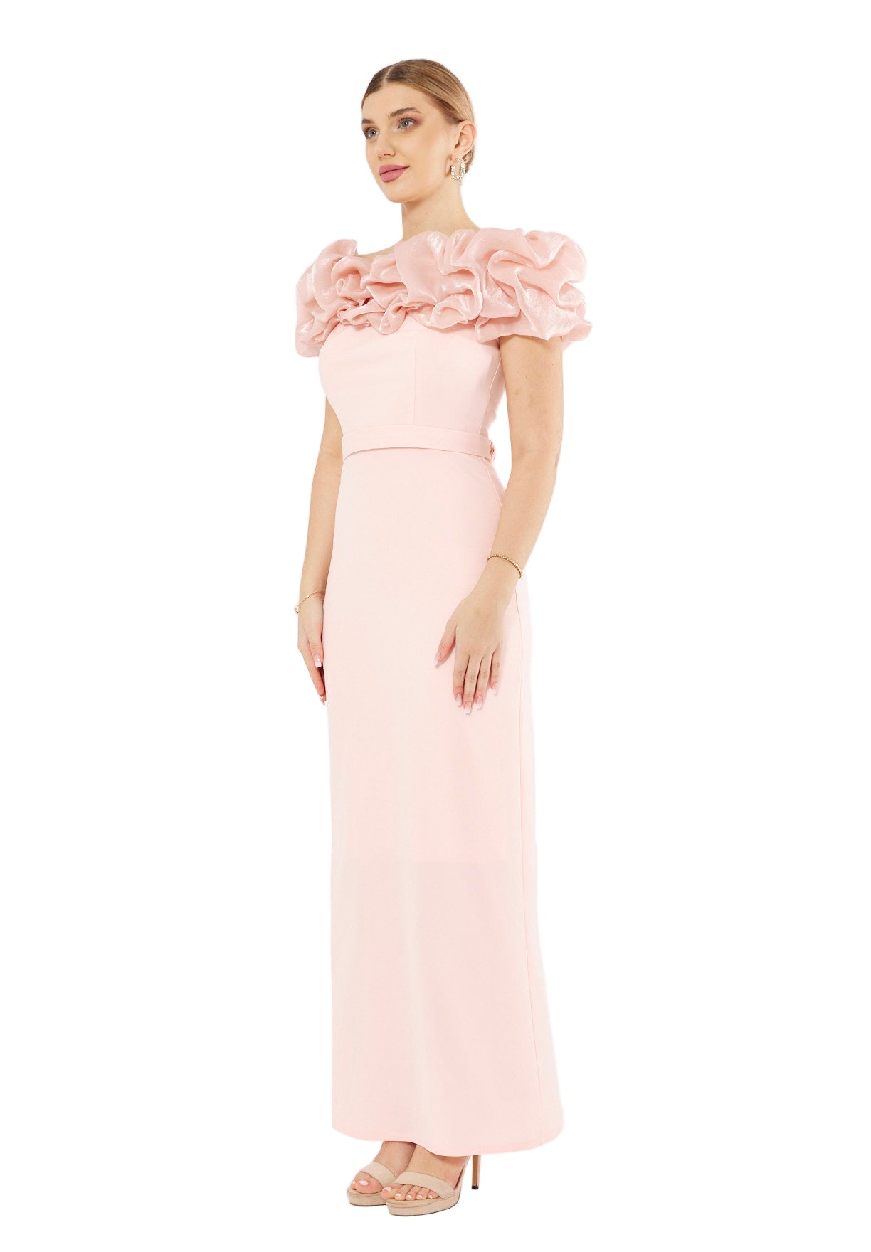 Ruffled Off-Shoulder Column Gown