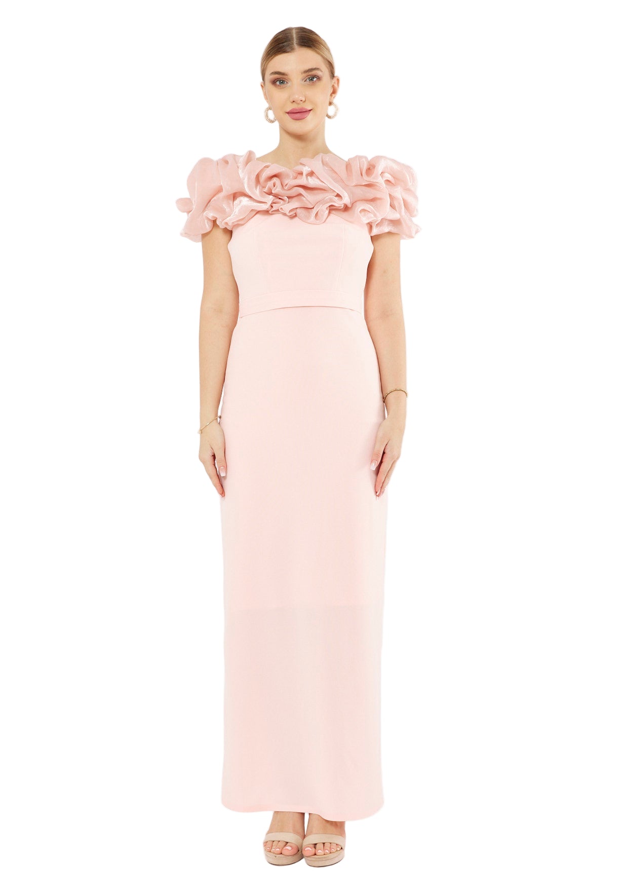 Ruffled Off-Shoulder Column Gown