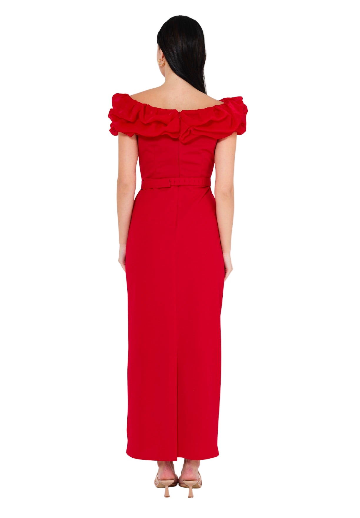 Ruffled Off-Shoulder Column Gown