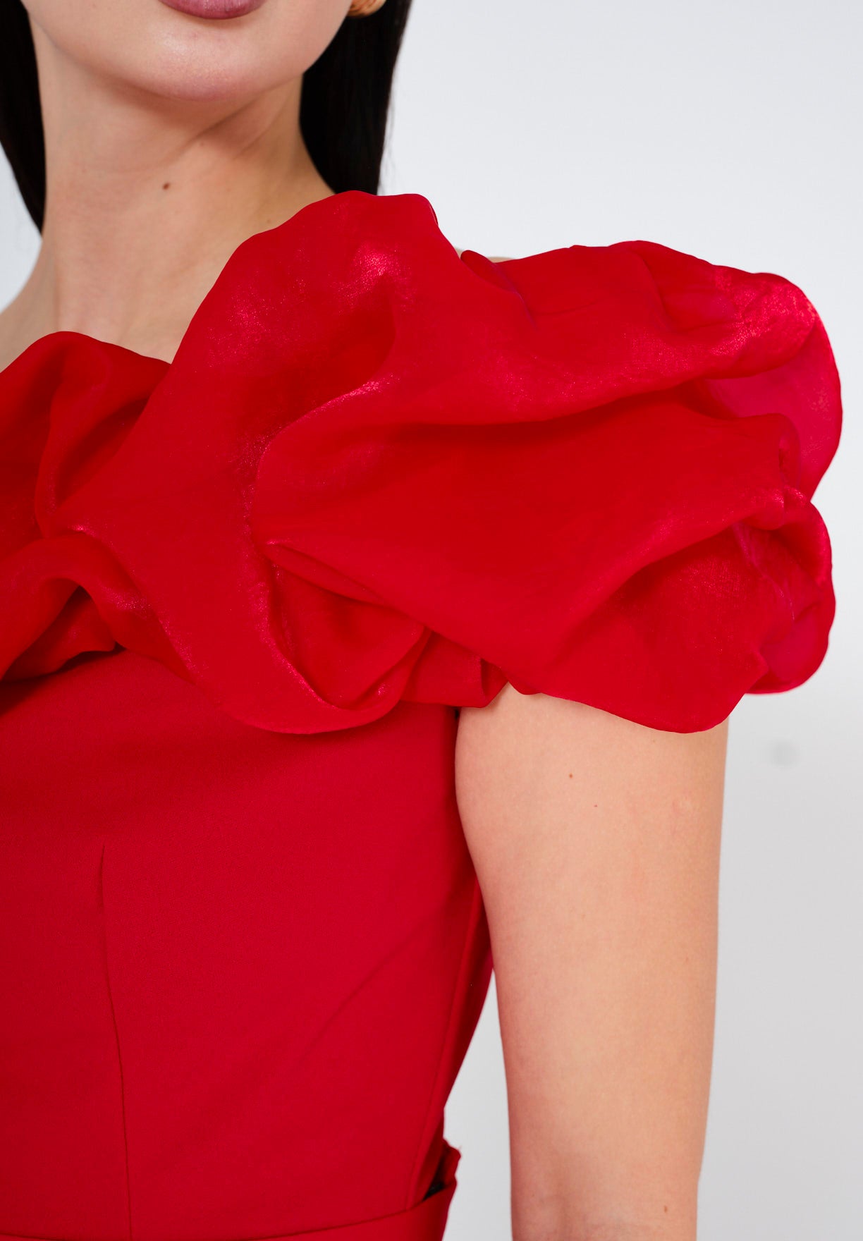 Ruffled Off-Shoulder Column Gown