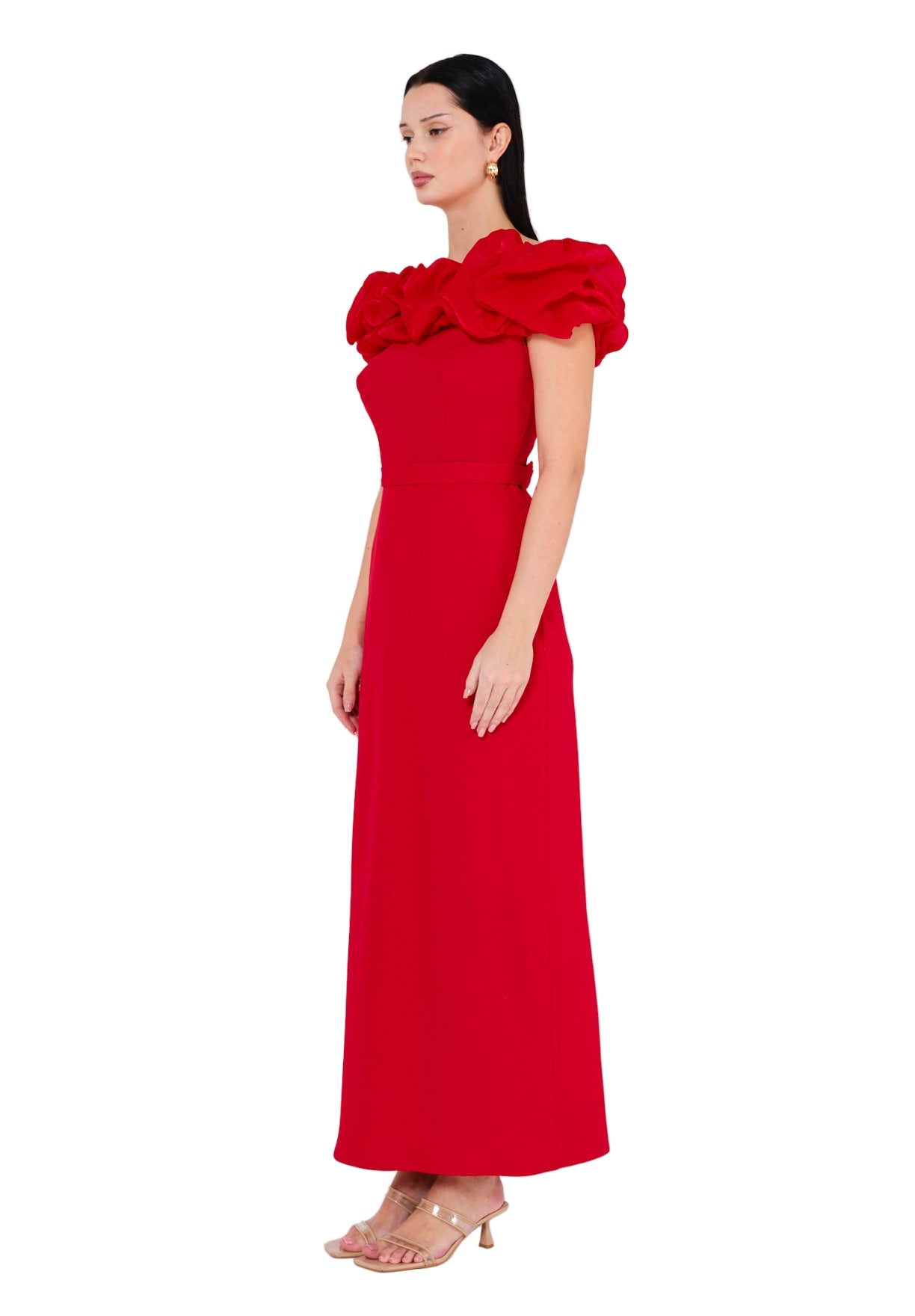 Ruffled Off-Shoulder Column Gown