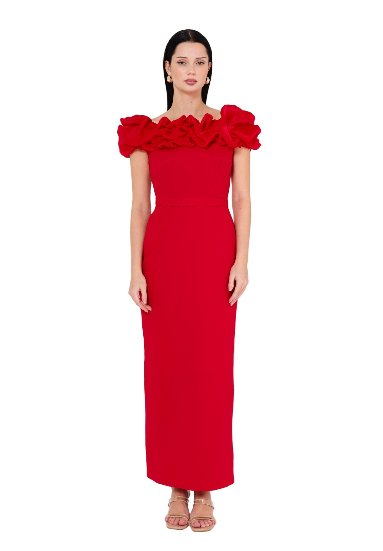 Ruffled Off-Shoulder Column Gown
