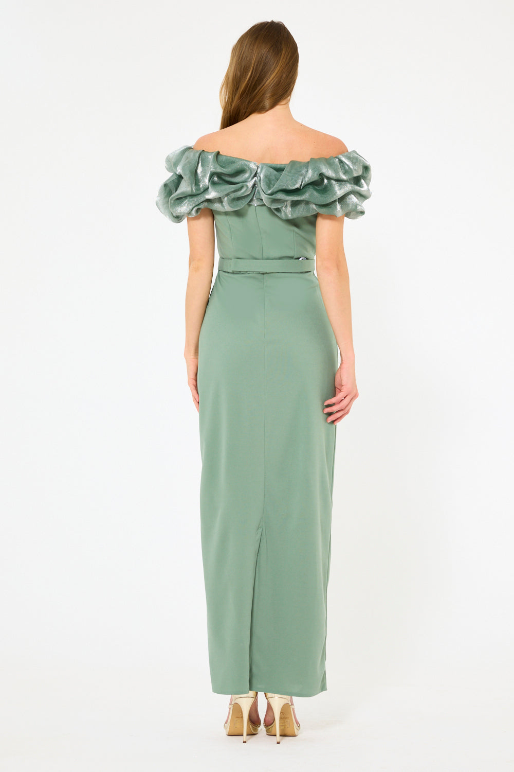 Ruffled Off-Shoulder Column Gown