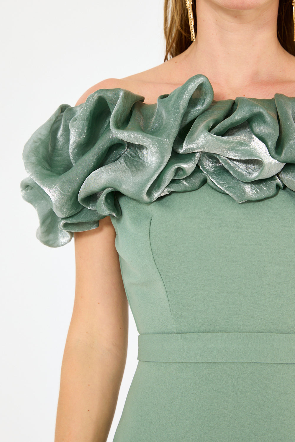 Ruffled Off-Shoulder Column Gown