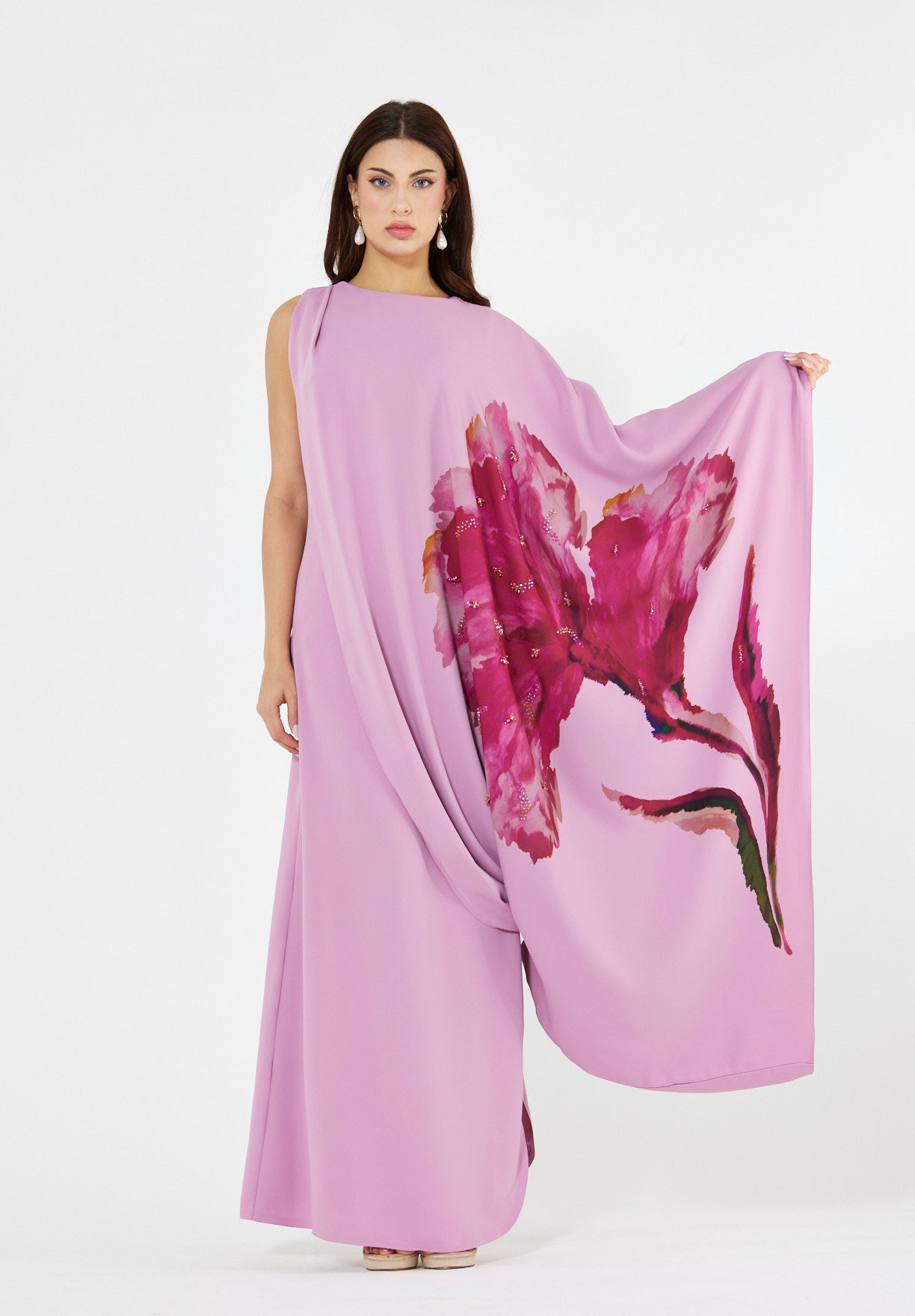 Floral Bloom Asymmetrical Draped Gown