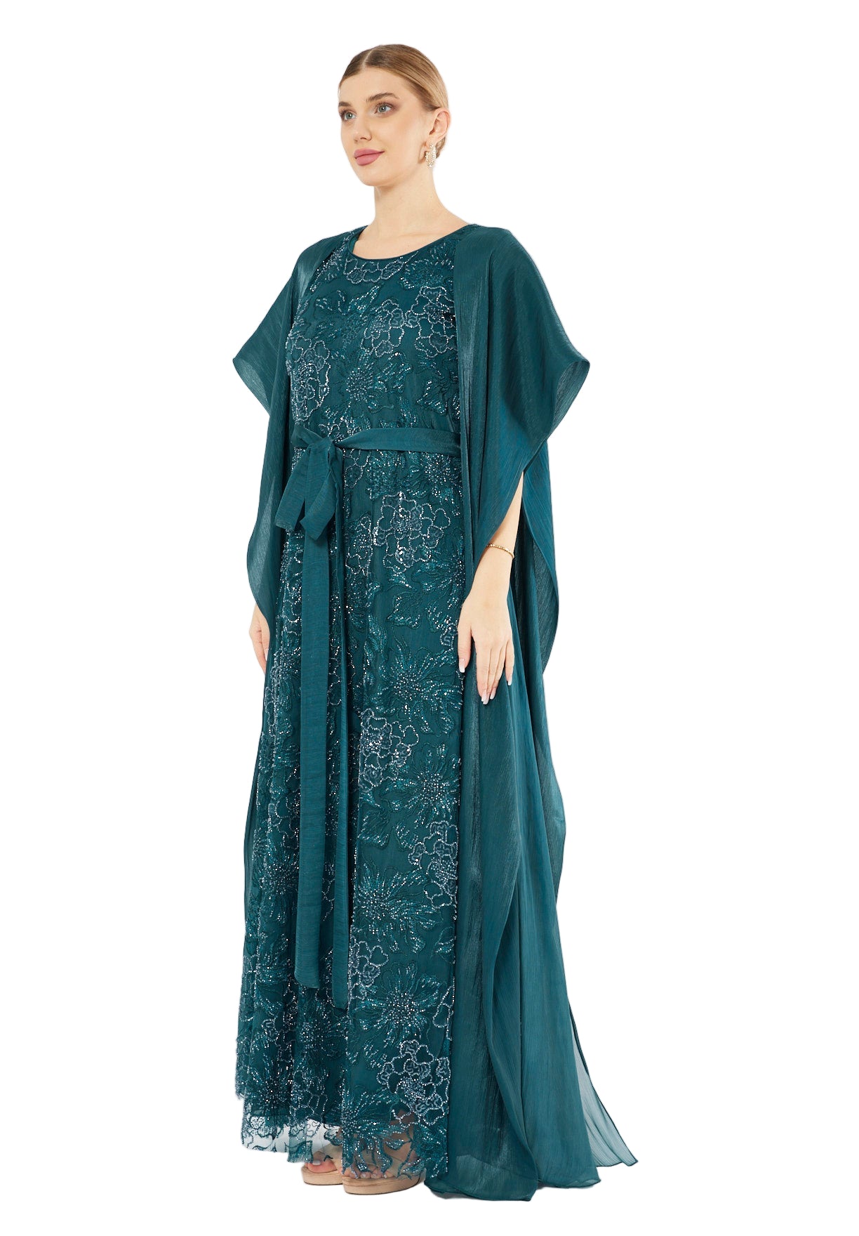 All-Over Embellished Gown With Soft Organza Sleeves