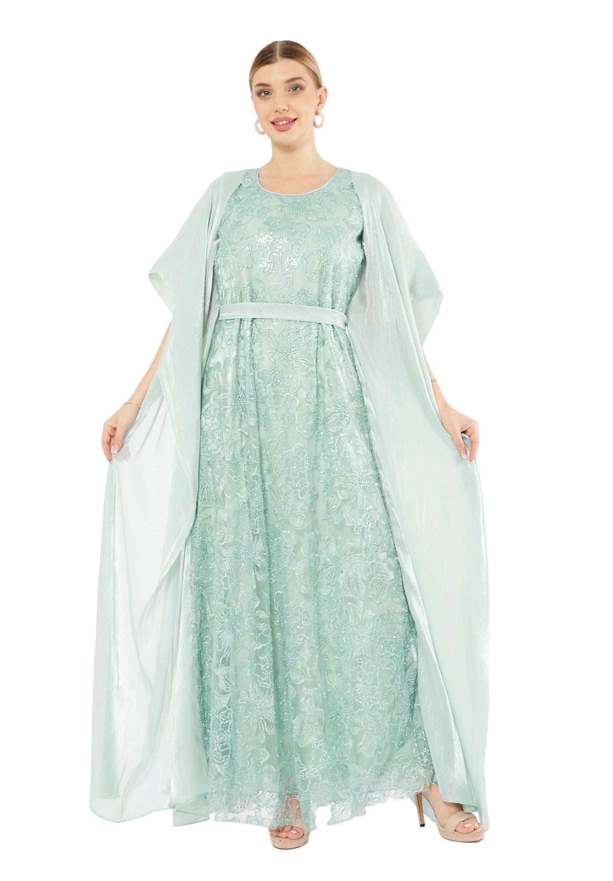 All-Over Embellished Gown With Soft Organza Sleeves