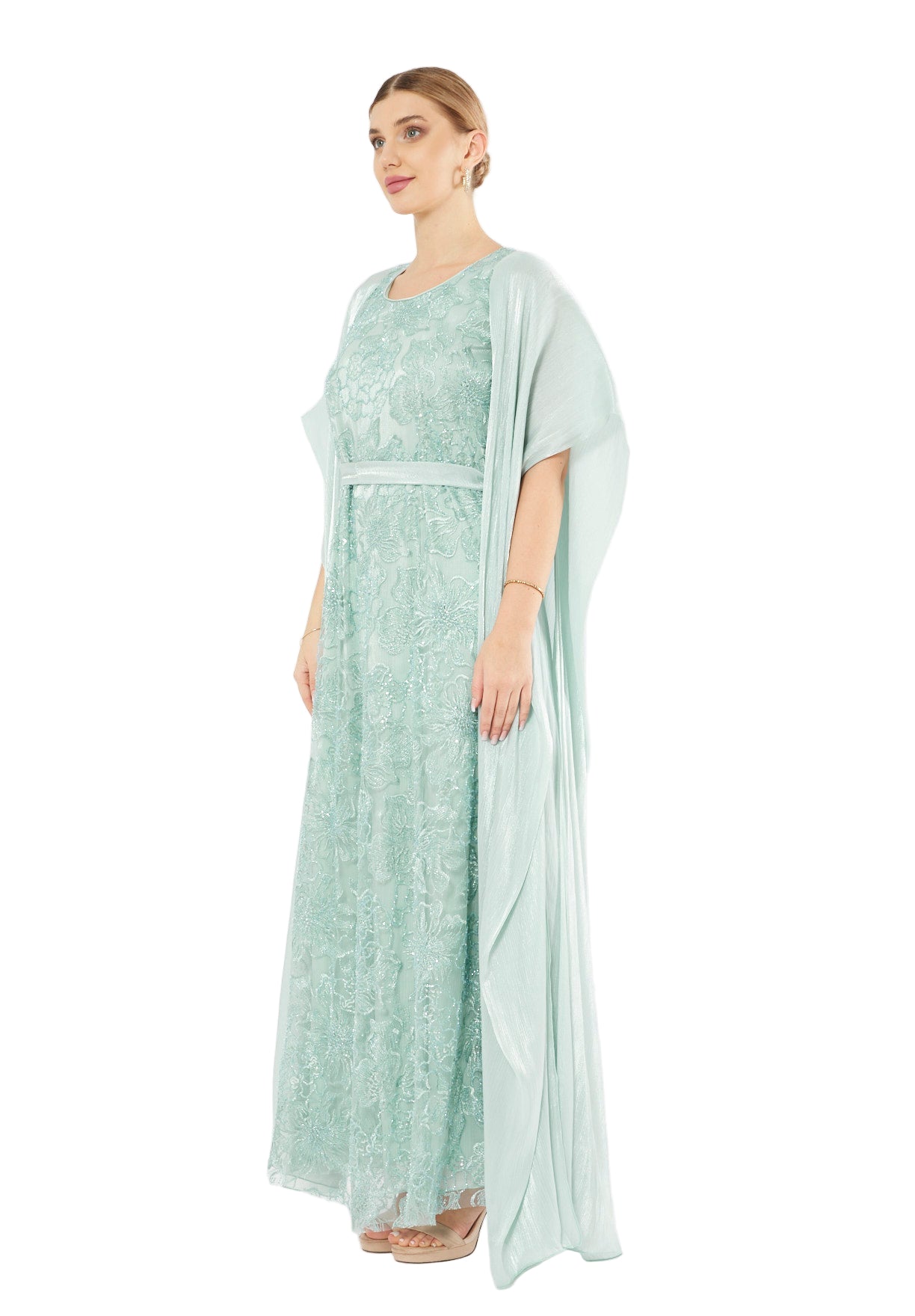 All-Over Embellished Gown With Soft Organza Sleeves