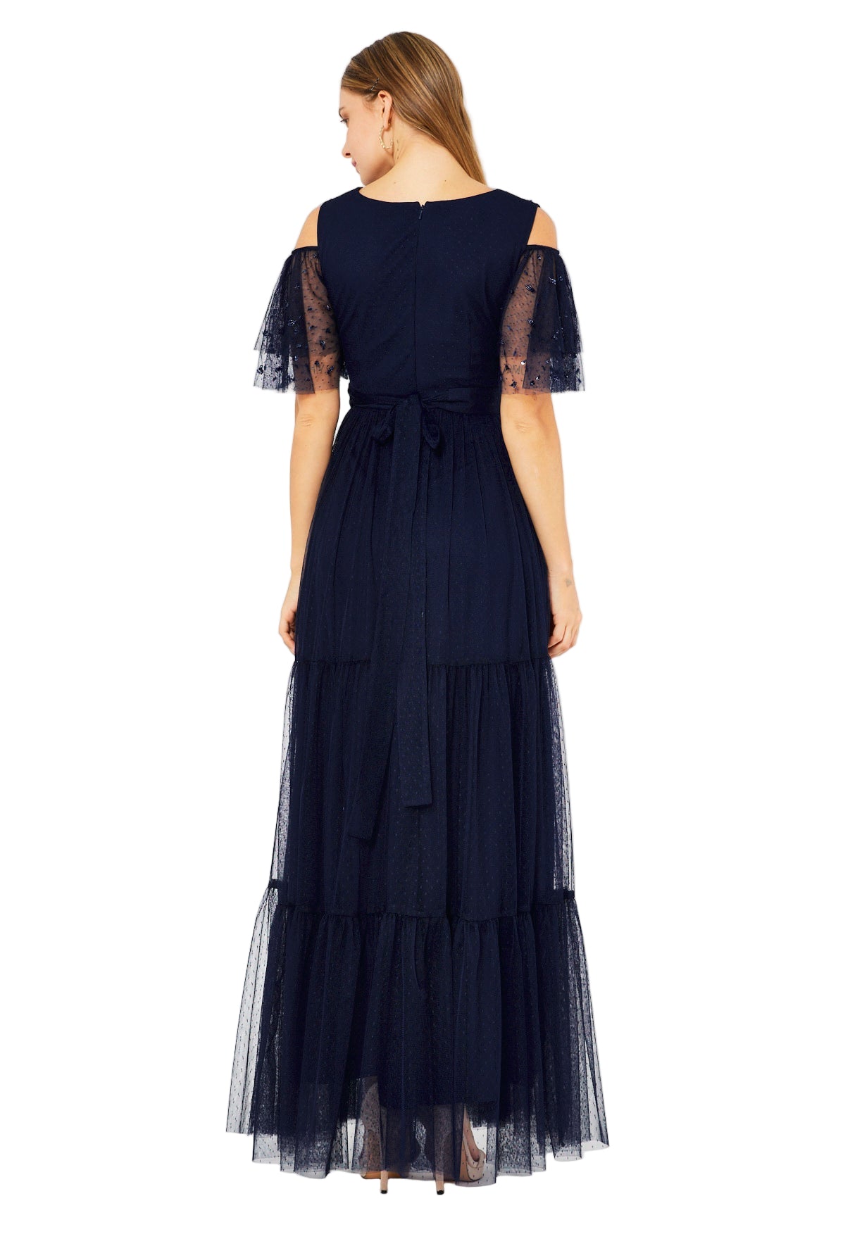 Cold-Shoulder Embroidered Tiered Tulle Gown