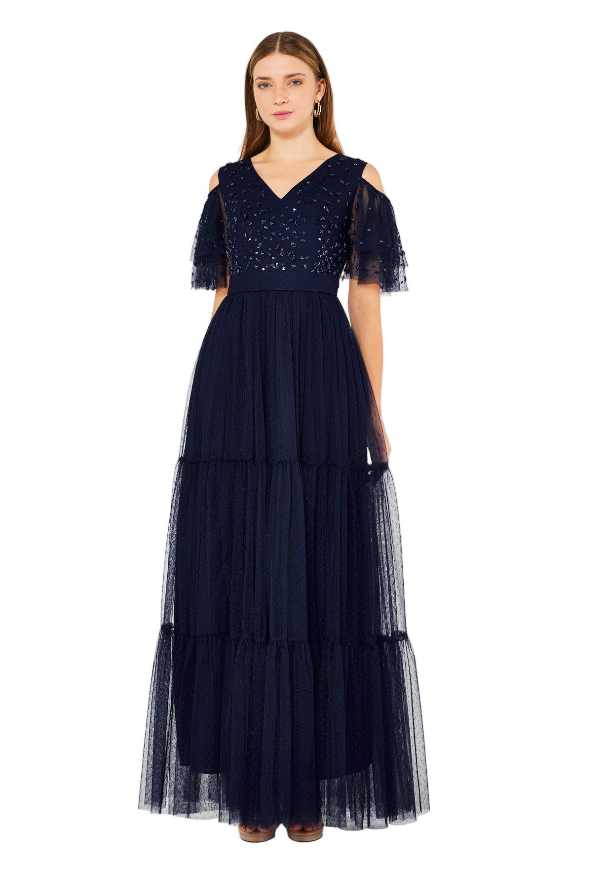 Cold-Shoulder Embroidered Tiered Tulle Gown