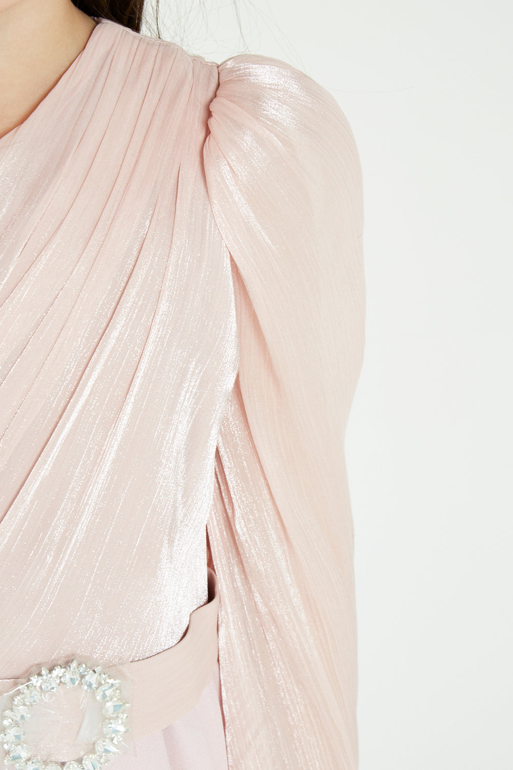 Shimmer-Sleeve Asymmetrical Gown