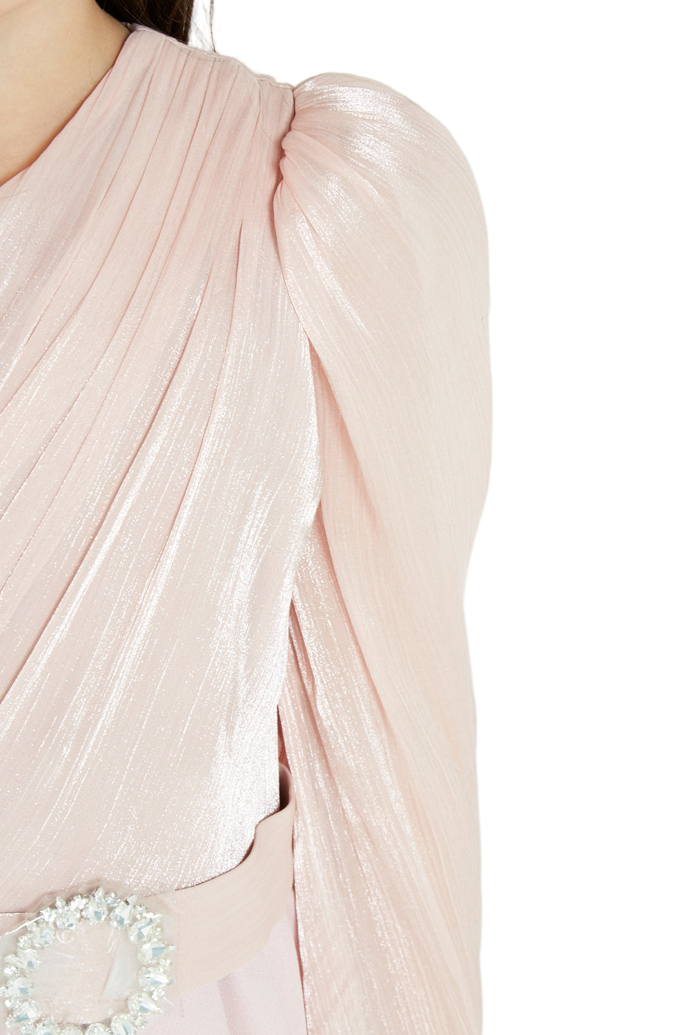 Shimmer-Sleeve Asymmetrical Gown