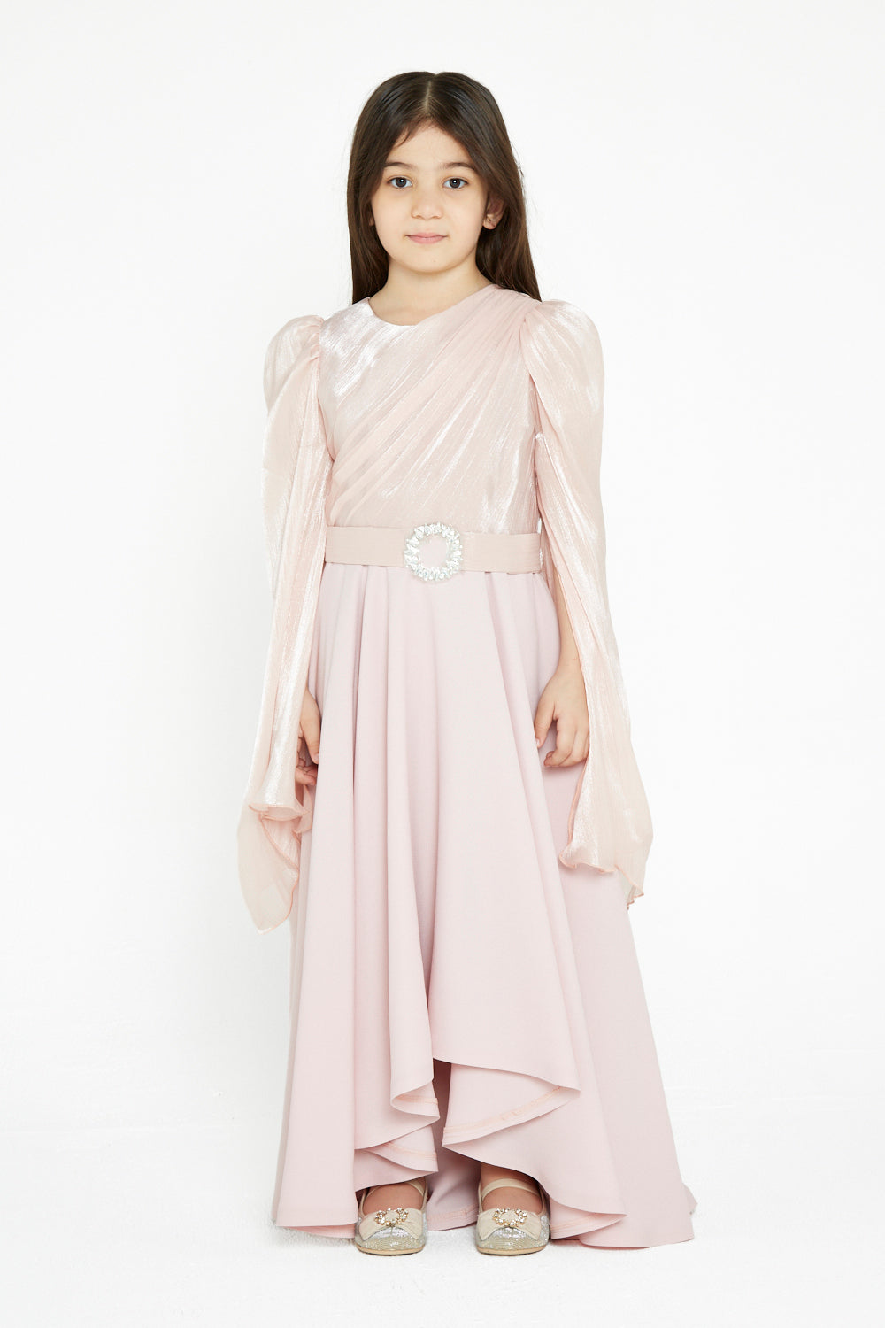 Shimmer-Sleeve Asymmetrical Gown