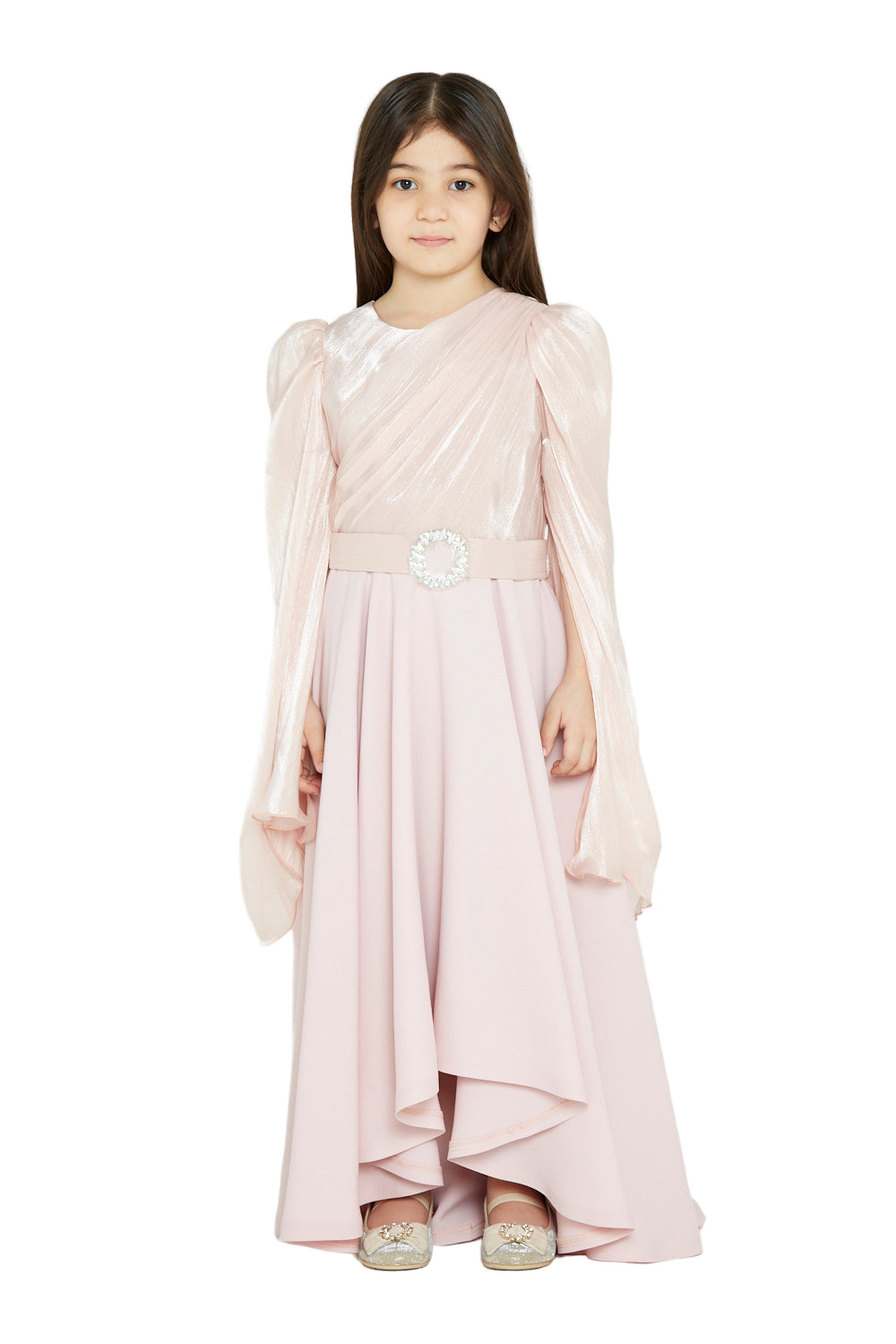 Shimmer-Sleeve Asymmetrical Gown