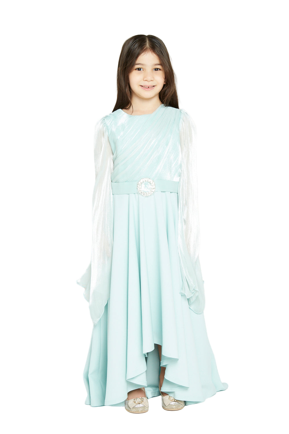 Shimmer-Sleeve Asymmetrical Gown