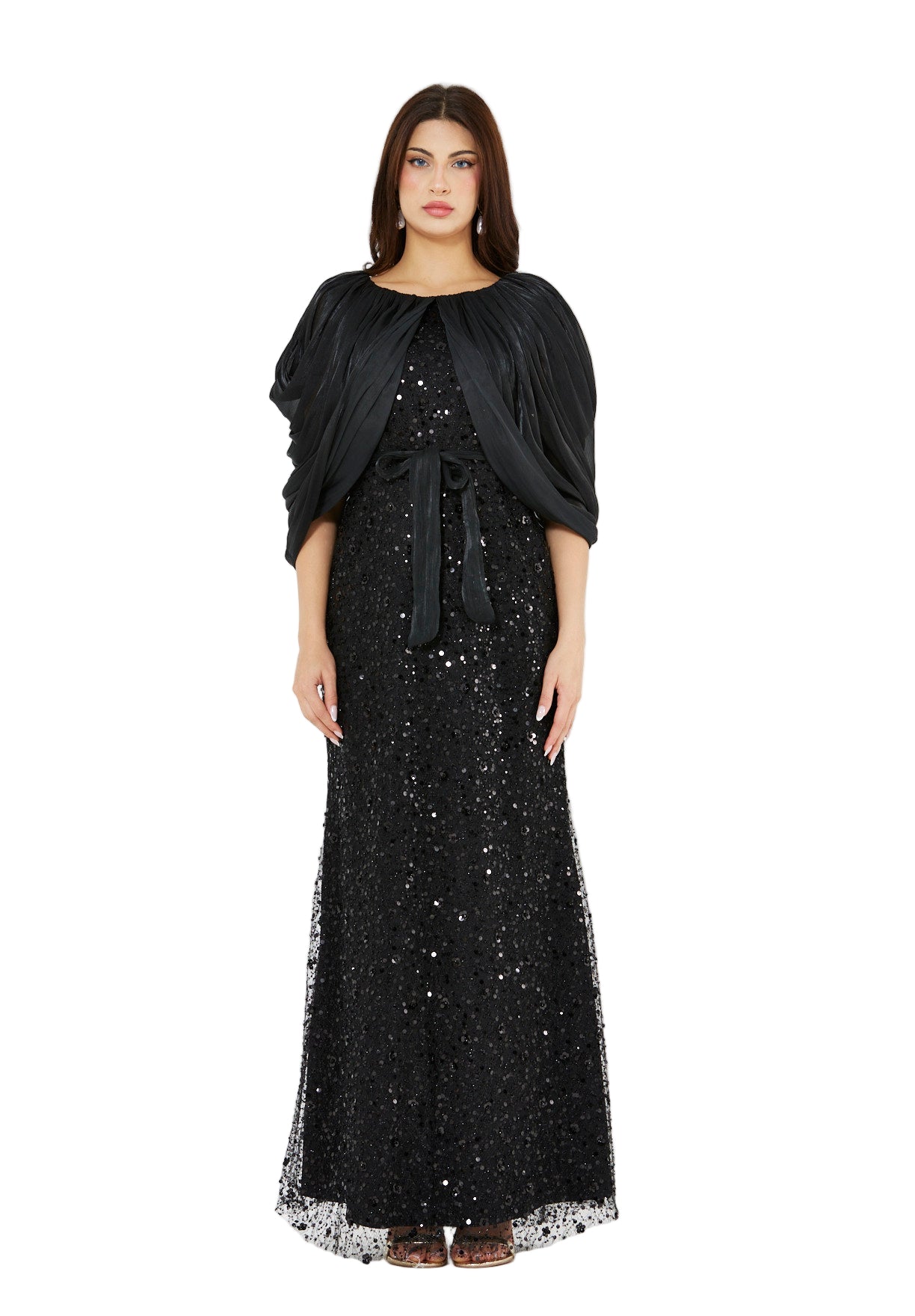 All-Over Sequined Gown with Draped Overlay