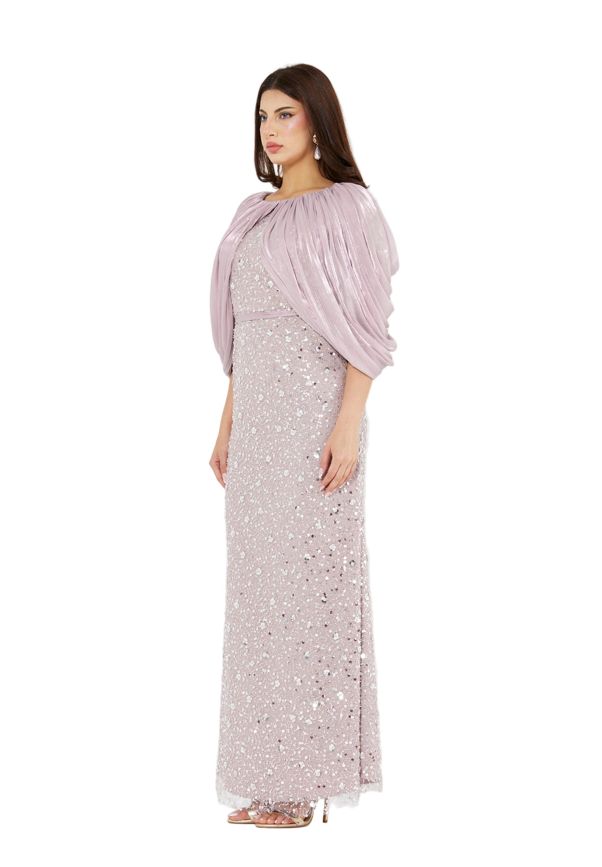 All-Over Sequined Gown with Draped Overlay