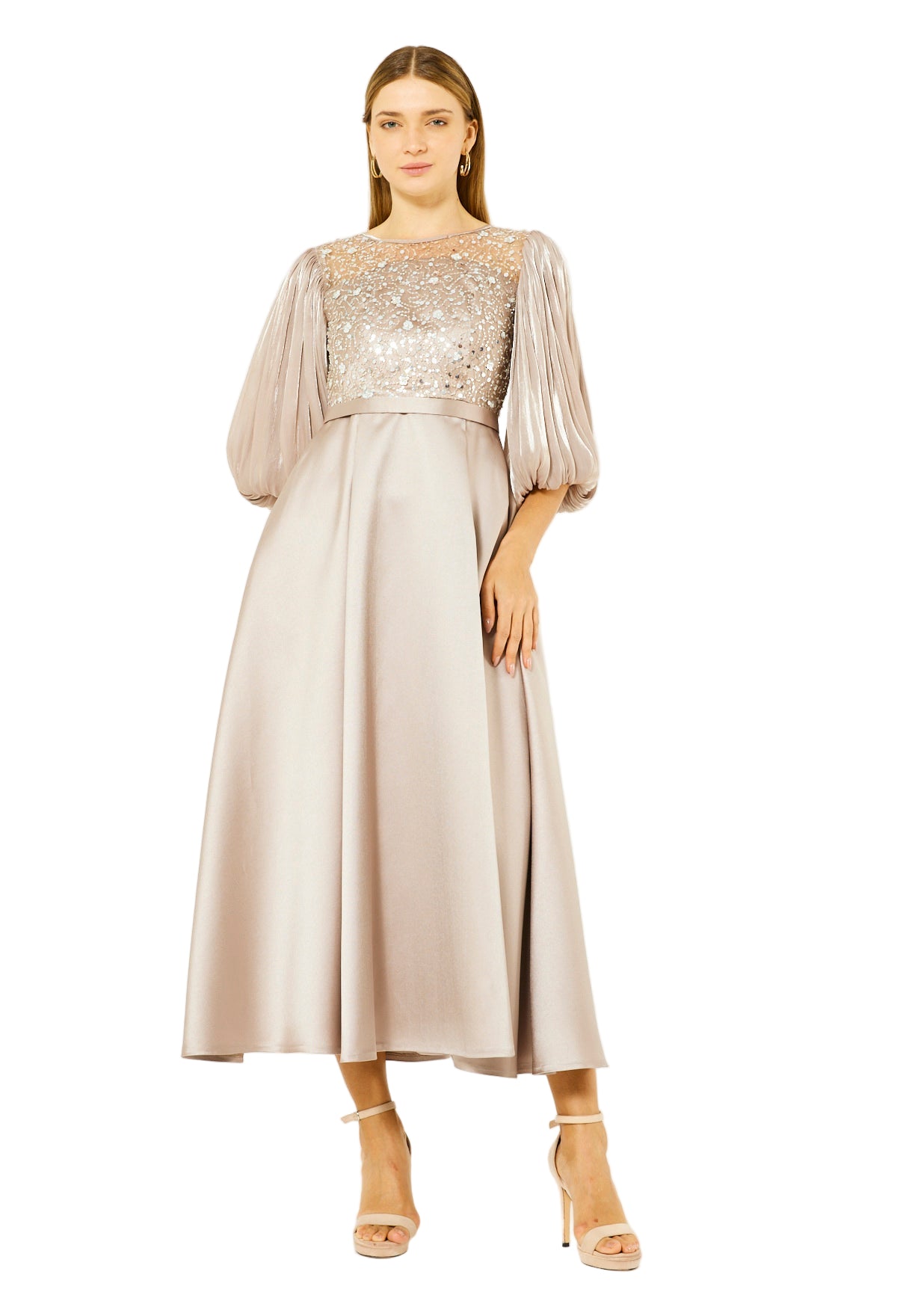 Embellished Satin Midi Dress with Pleated Organza Sleeves