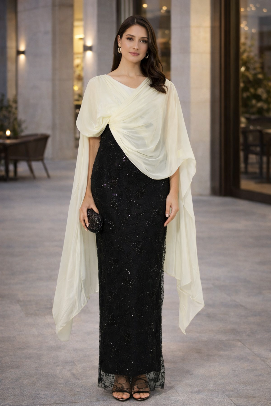 Draped Cape Overlay Gown with Beaded Lace Skirt