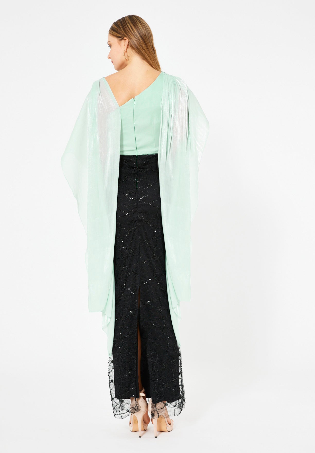 Draped Cape Overlay Gown with Beaded Lace Skirt