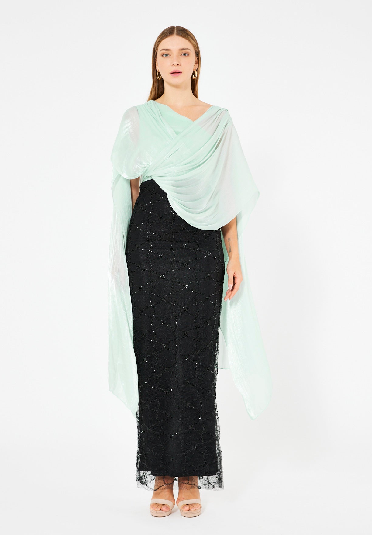 Draped Cape Overlay Gown with Beaded Lace Skirt