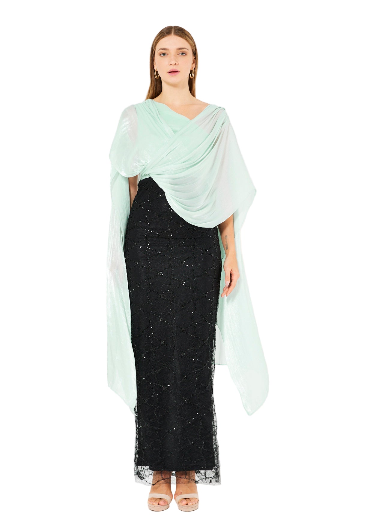 Draped Cape Overlay Gown with Beaded Lace Skirt