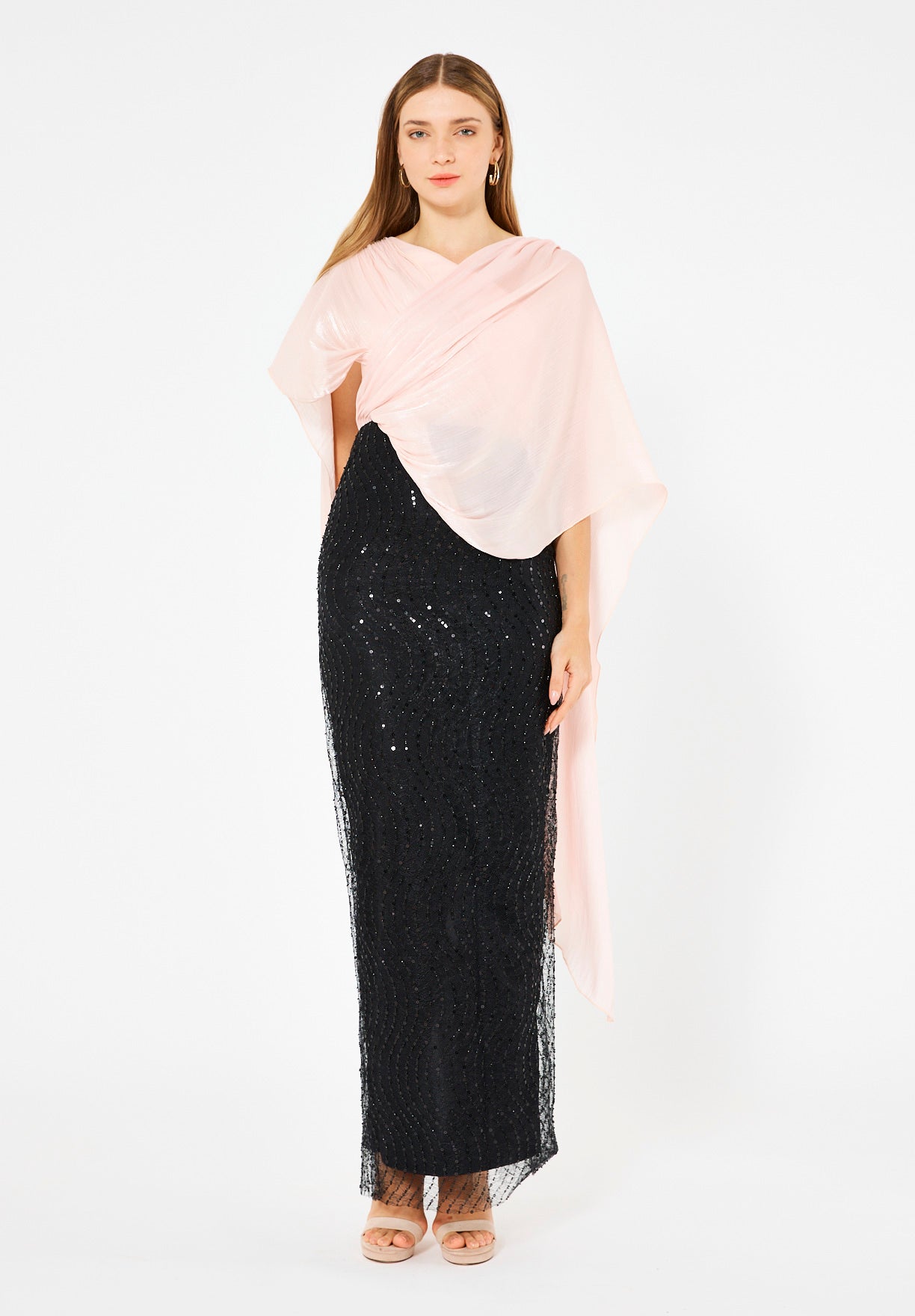 Draped Cape Overlay Gown with Beaded Lace Skirt