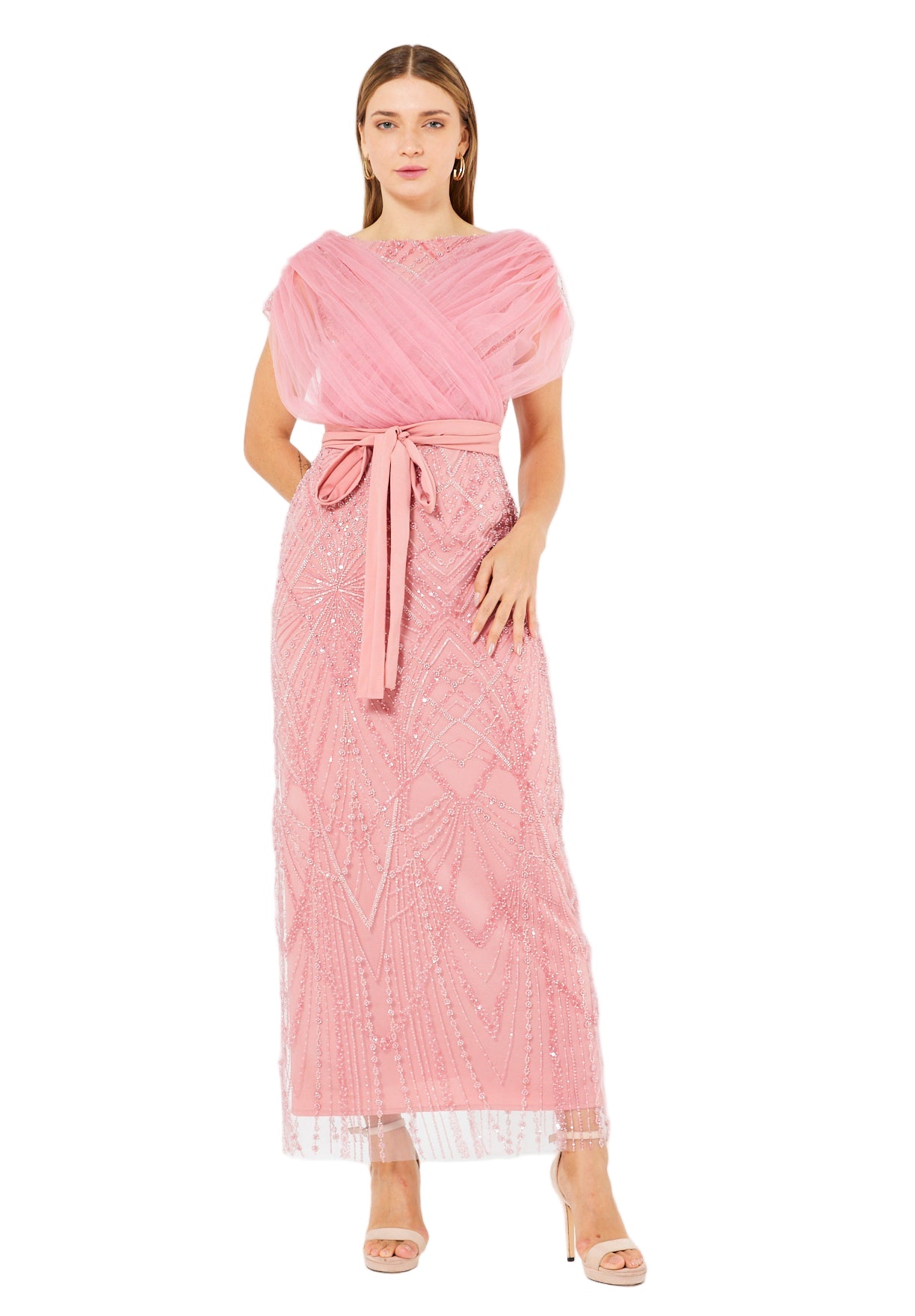 Tulle-Draped Embellished Column Gown