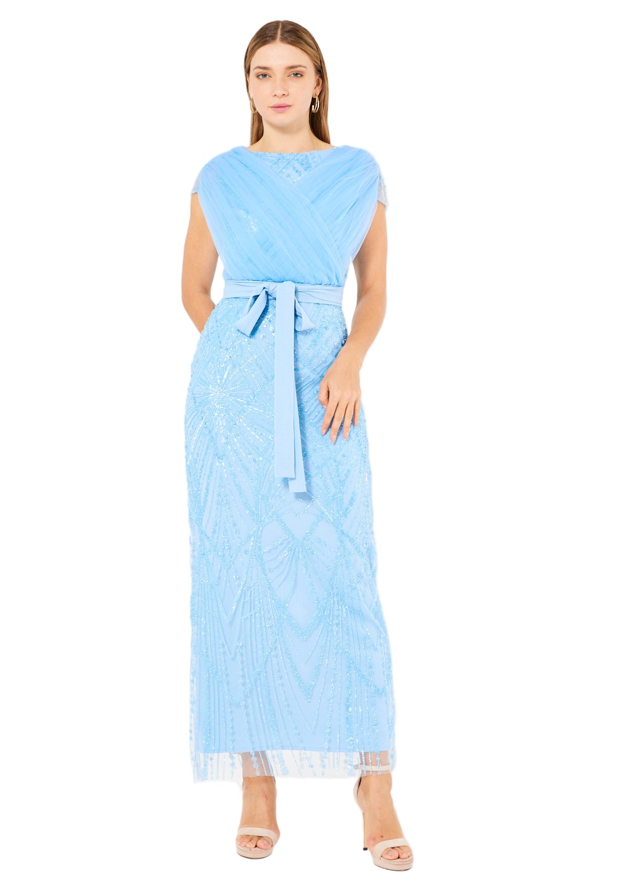 Tulle-Draped Embellished Column Gown